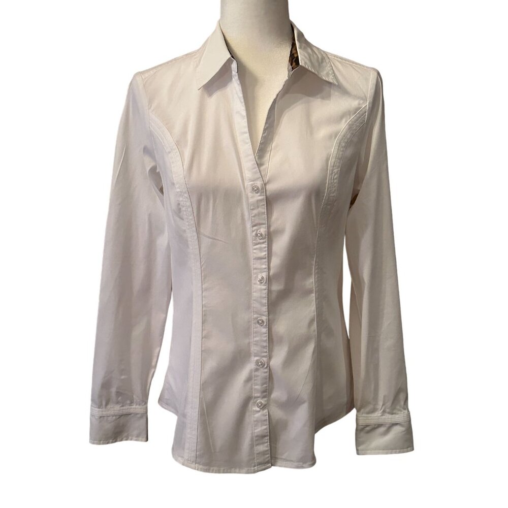 Express Womens White Button-Up Shirt With Leopard Print Collar Size M